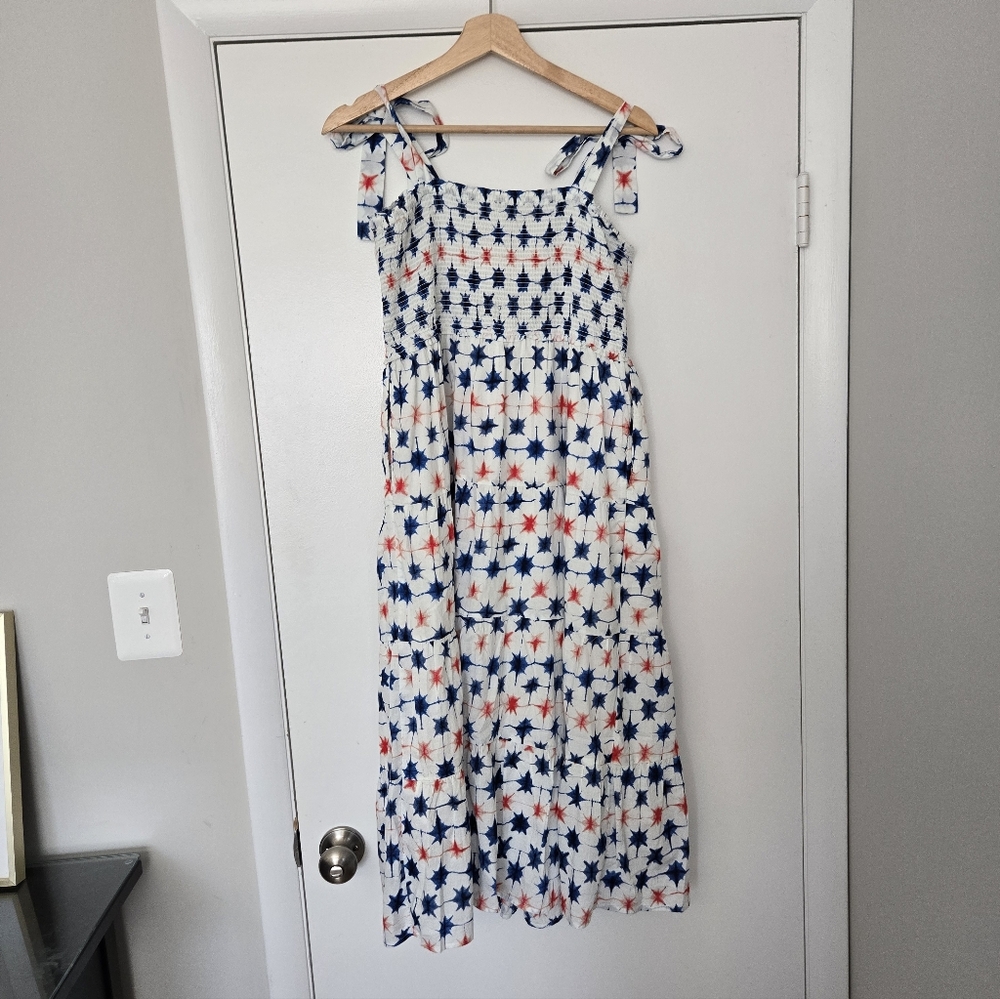 J. Crew 100% Cotton Shibori Smocked Midi Dress Red White And Blue Size S - Picture 3 of 5